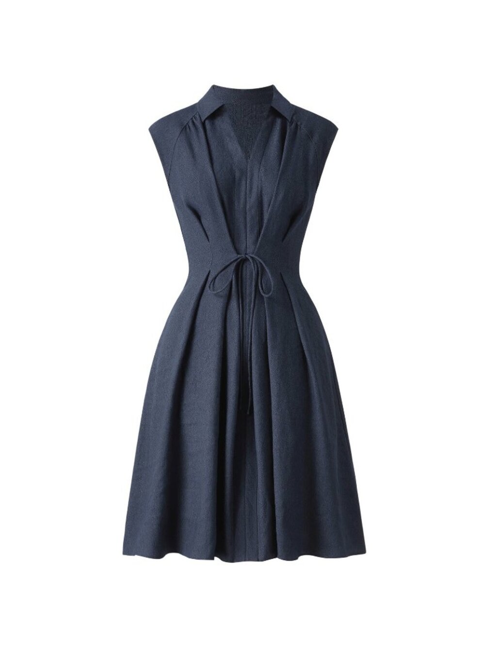 OGL Move Viscose-Linen Collared V-neck Midi Dress Drawstring Denim Navy Medium - Picture 4 of 7